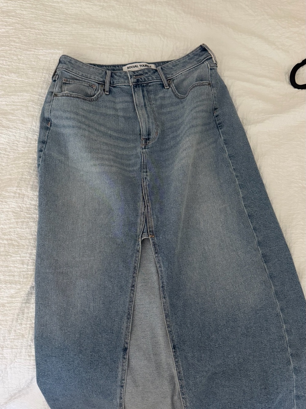 Social Tourist Blue Denim Midi Skirt with Front Slit